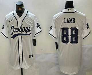 Mens Dallas Cowboys #88 CeeDee Lamb White With Navy Name Cool Base Stitched Baseball Jersey